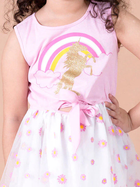 Girls White Pink Net Dress